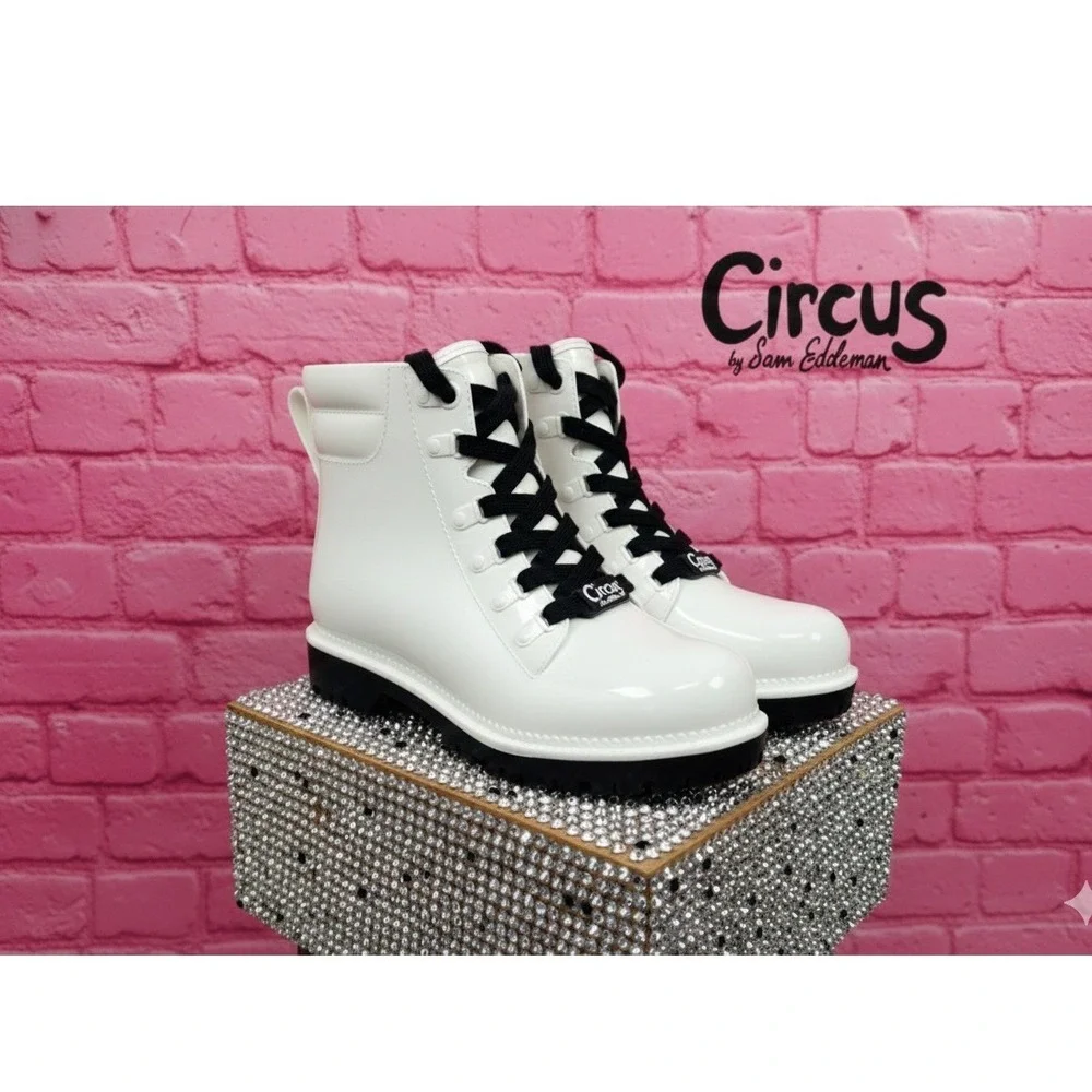 🤑Circus by Sam Edelman 🖤🩷🖤 90's Jelly Lace Up Rain Boots Combat Lug‎ Sole- 7